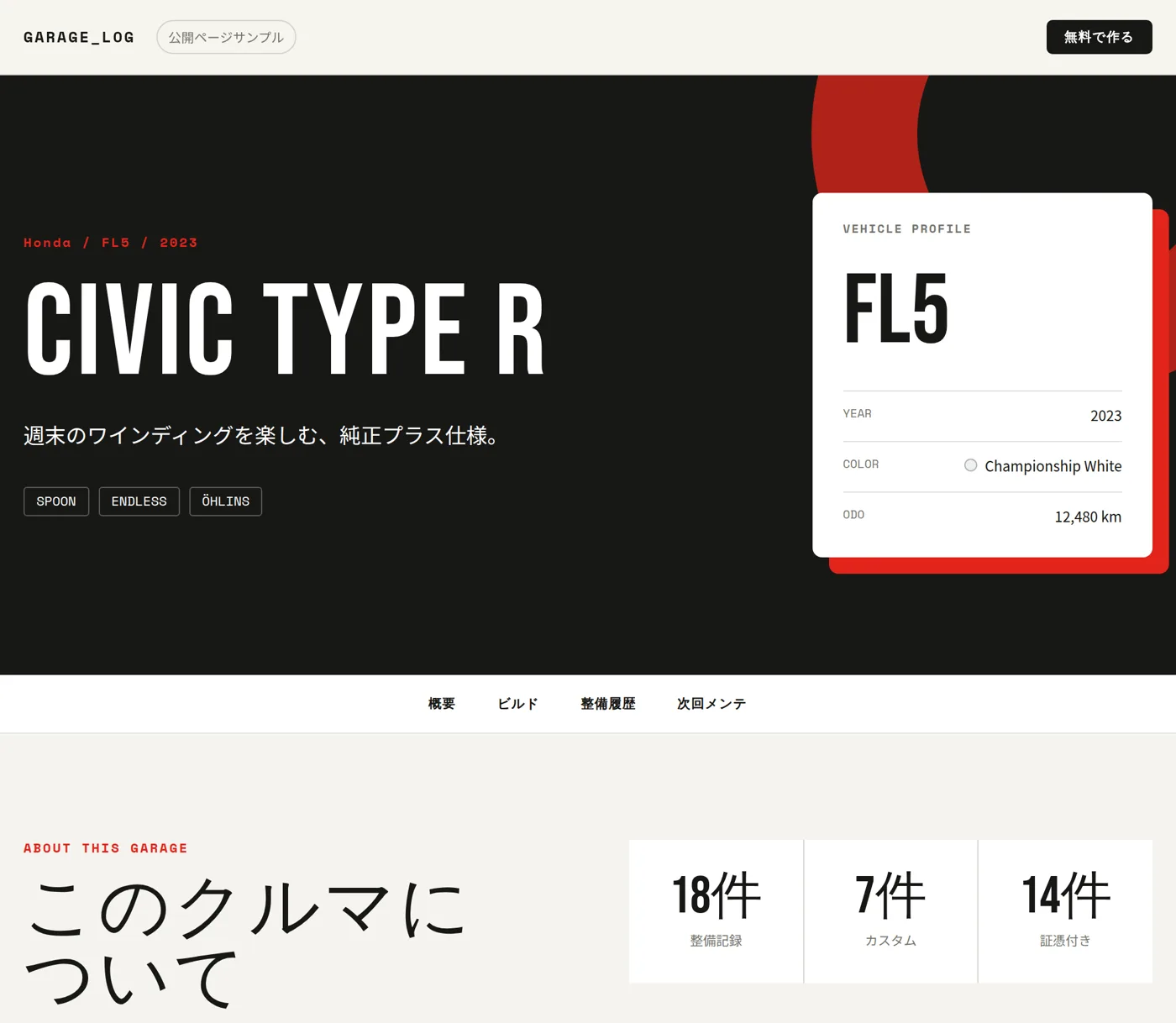 公開ガレージページの実際の画面：CIVIC TYPE R (FL5) の車両プロフィール・整備記録・カスタム件数