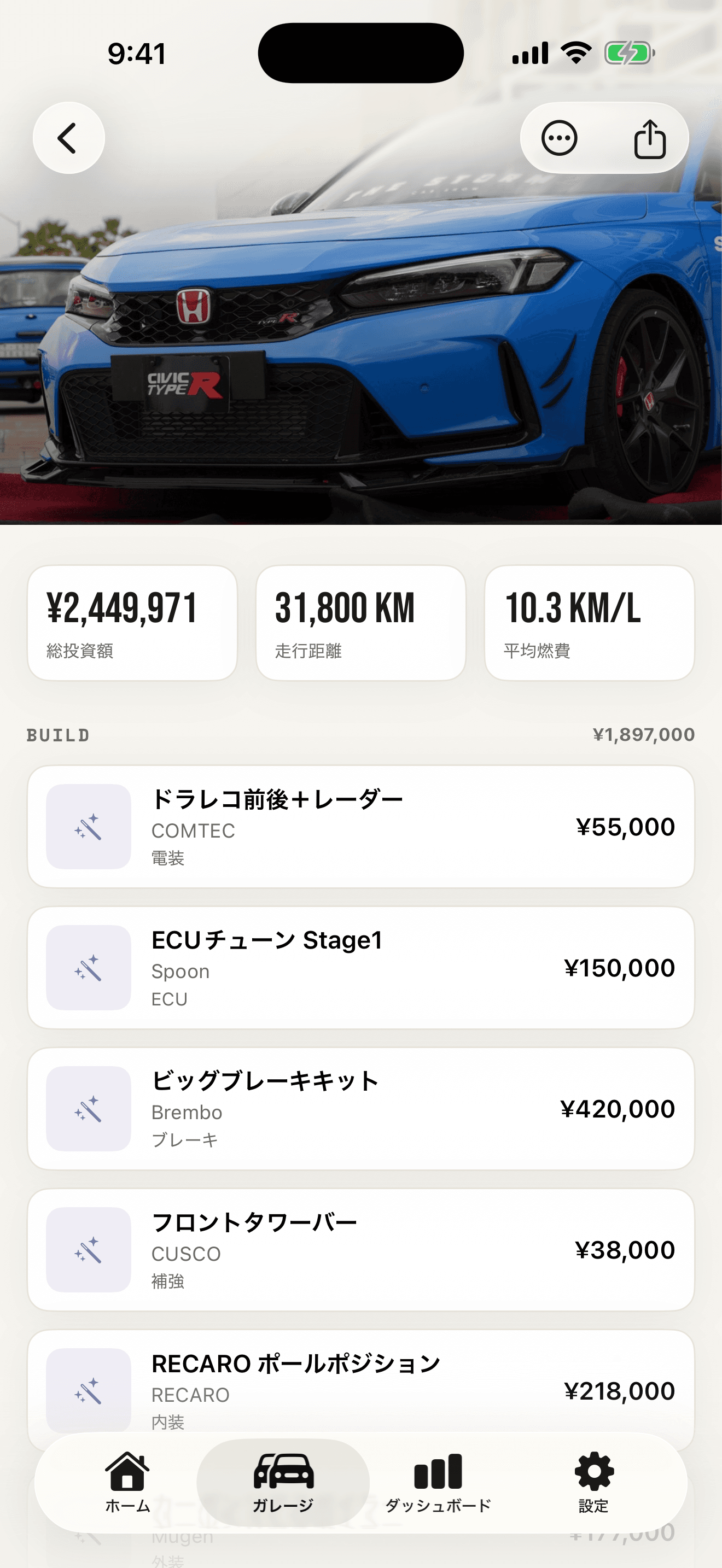 愛車の公開ショールーム画面